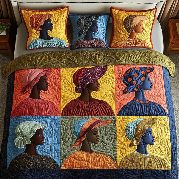 Golden Glow Sunbonnet quilted 3-piece bedding set on a made bed with two matching pillow shams