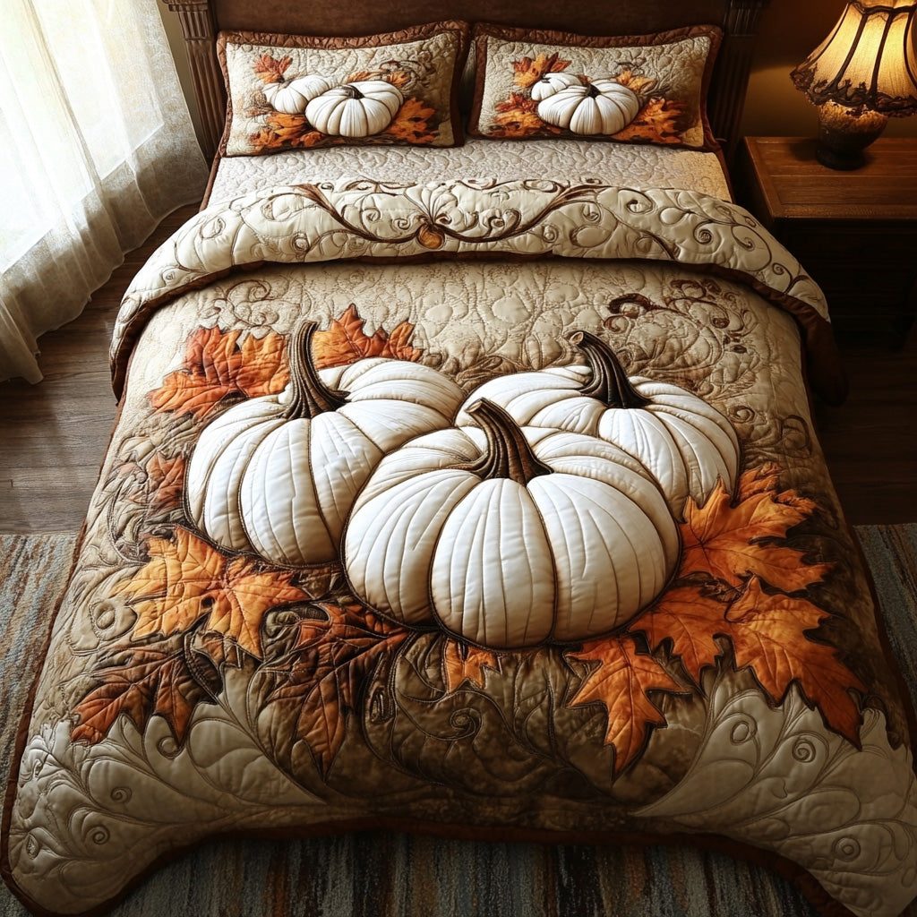 Golden Gourd quilted 3-piece bedding set on a made bed with two matching pillow shams