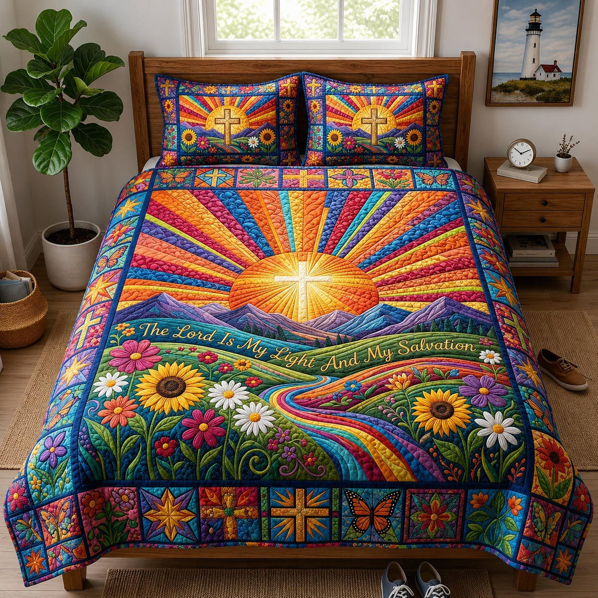 Golden Grace quilted 3-piece bedding set on a made bed with two matching pillow shams