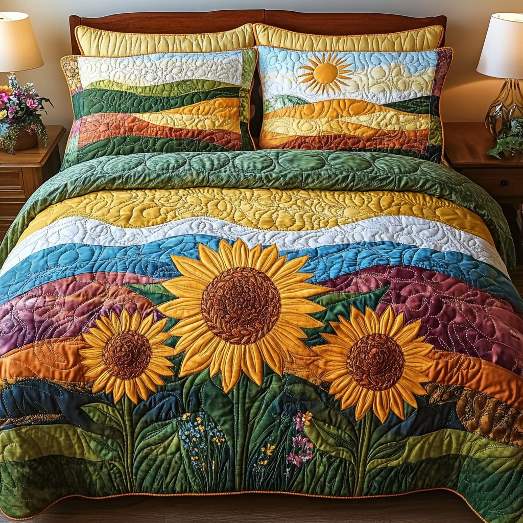 Golden Grace quilted 3-piece bedding set on a made bed with two matching pillow shams