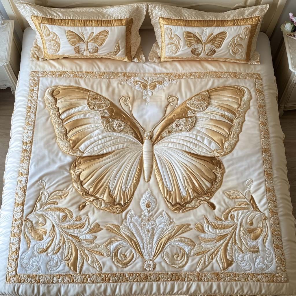 Golden Grace quilted 3-piece bedding set on a made bed with two matching pillow shams