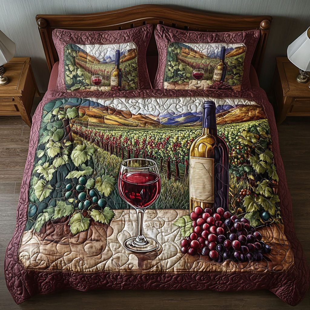 Golden Grapes quilted 3-piece bedding set on a made bed with two matching pillow shams