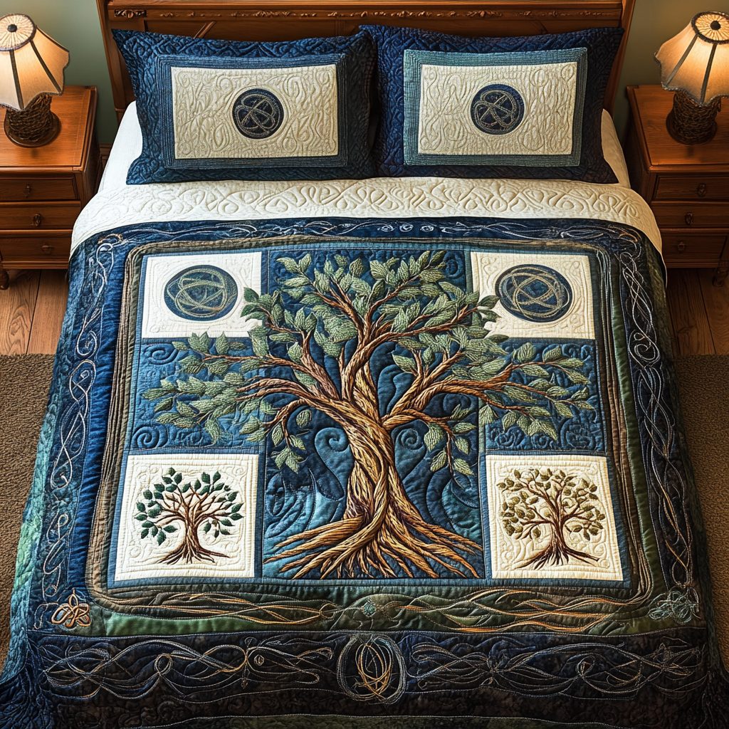 Golden Grove Embrace quilted 3-piece bedding set on a made bed with two matching pillow shams