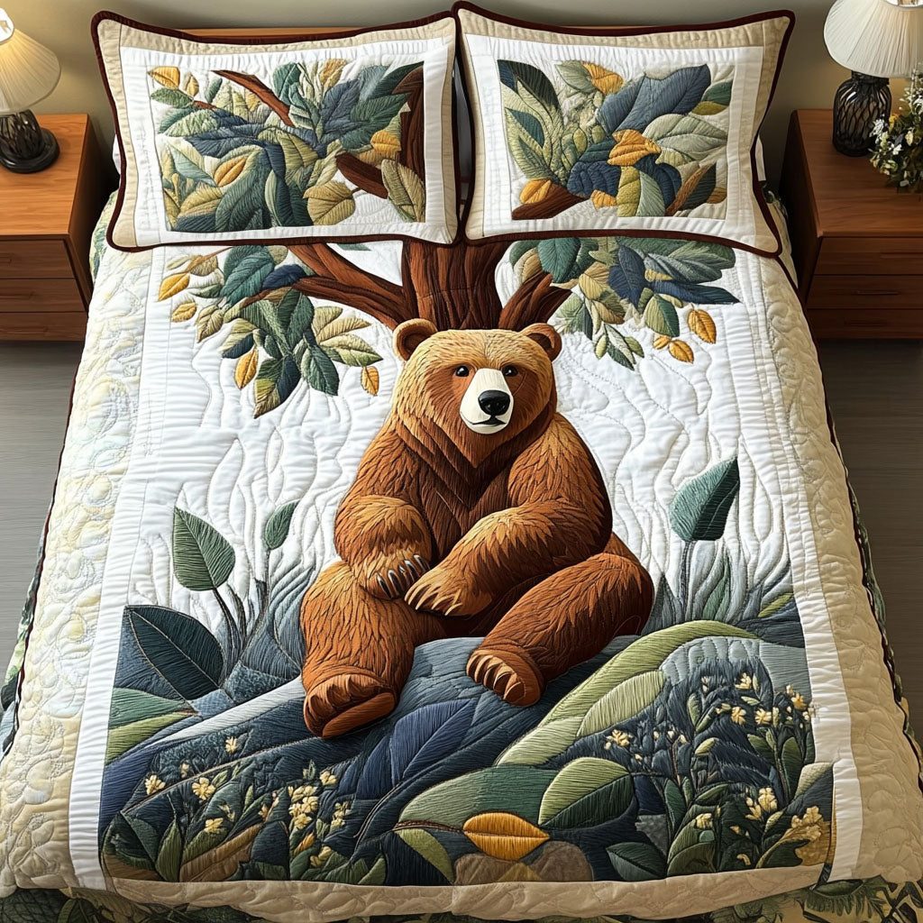 Golden Grove quilted 3-piece bedding set on a made bed with two matching pillow shams