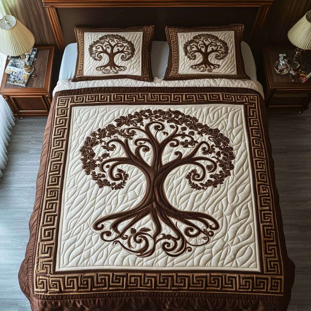 Golden Grove quilted 3-piece bedding set on a made bed with two matching pillow shams