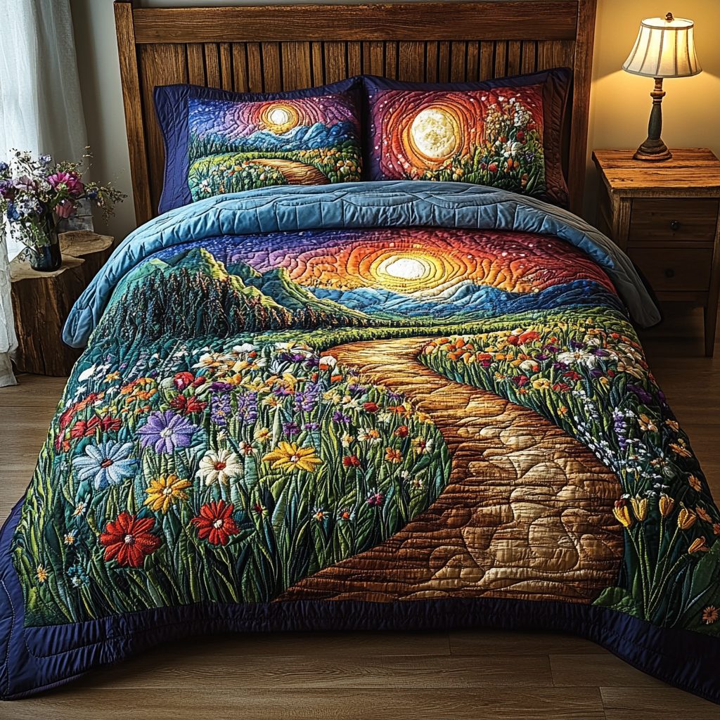 Golden Grove quilted 3-piece bedding set on a made bed with two matching pillow shams