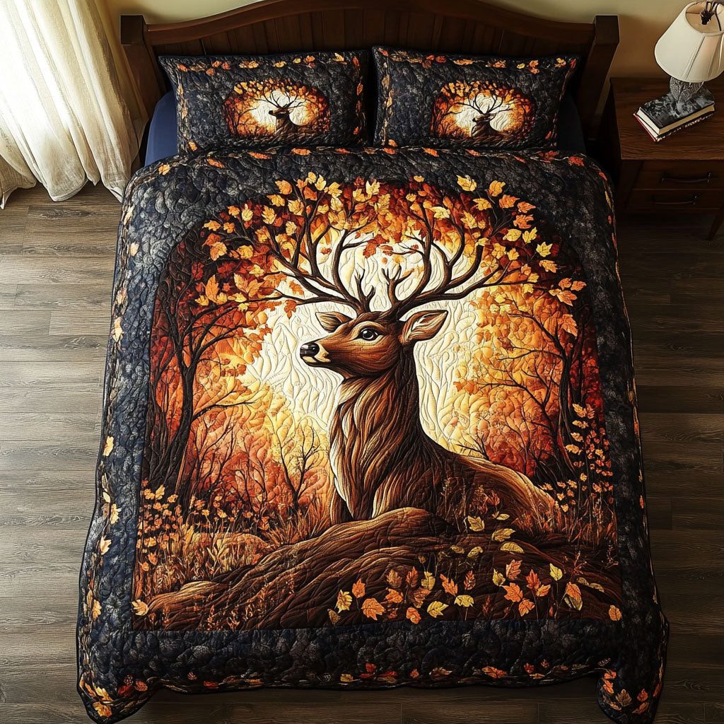 Golden Grove Retreat quilted 3-piece bedding set on a made bed with two matching pillow shams