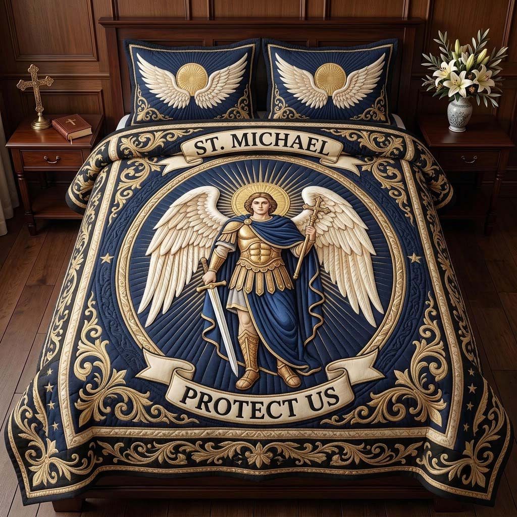 Golden Guardian Medallion quilted 3-piece bedding set on a made bed with two matching pillow shams