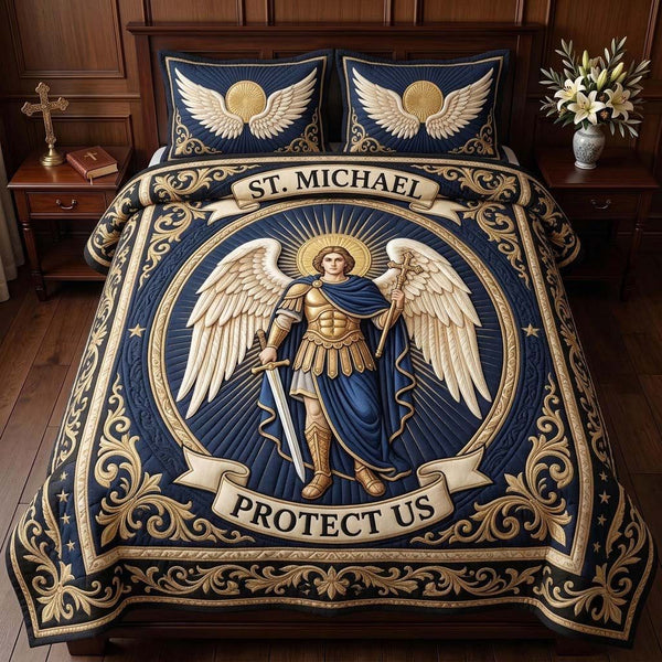Golden Guardian Medallion quilted 3-piece bedding set on a made bed with two matching pillow shams