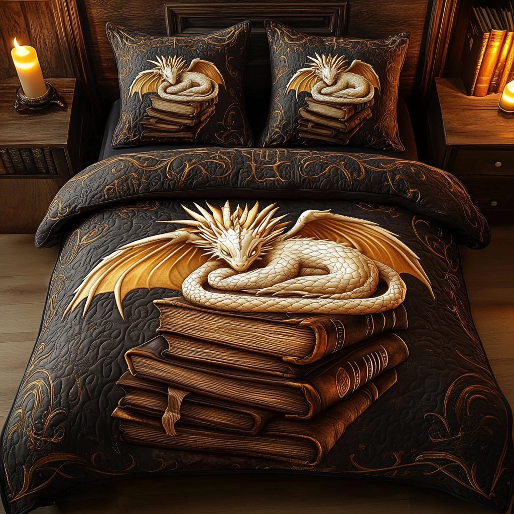 Golden Guardian quilted 3-piece bedding set on a made bed with two matching pillow shams