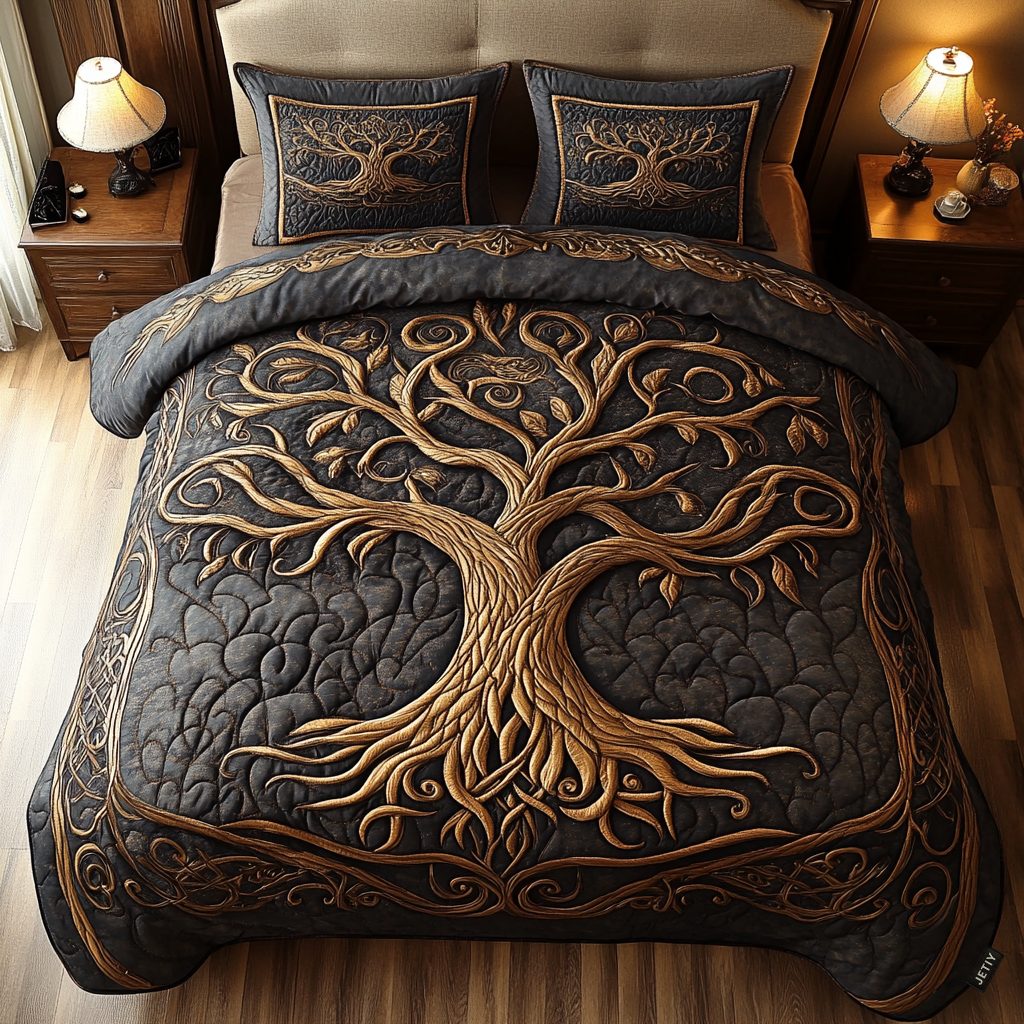 Golden Harmony quilted 3-piece bedding set on a made bed with two matching pillow shams