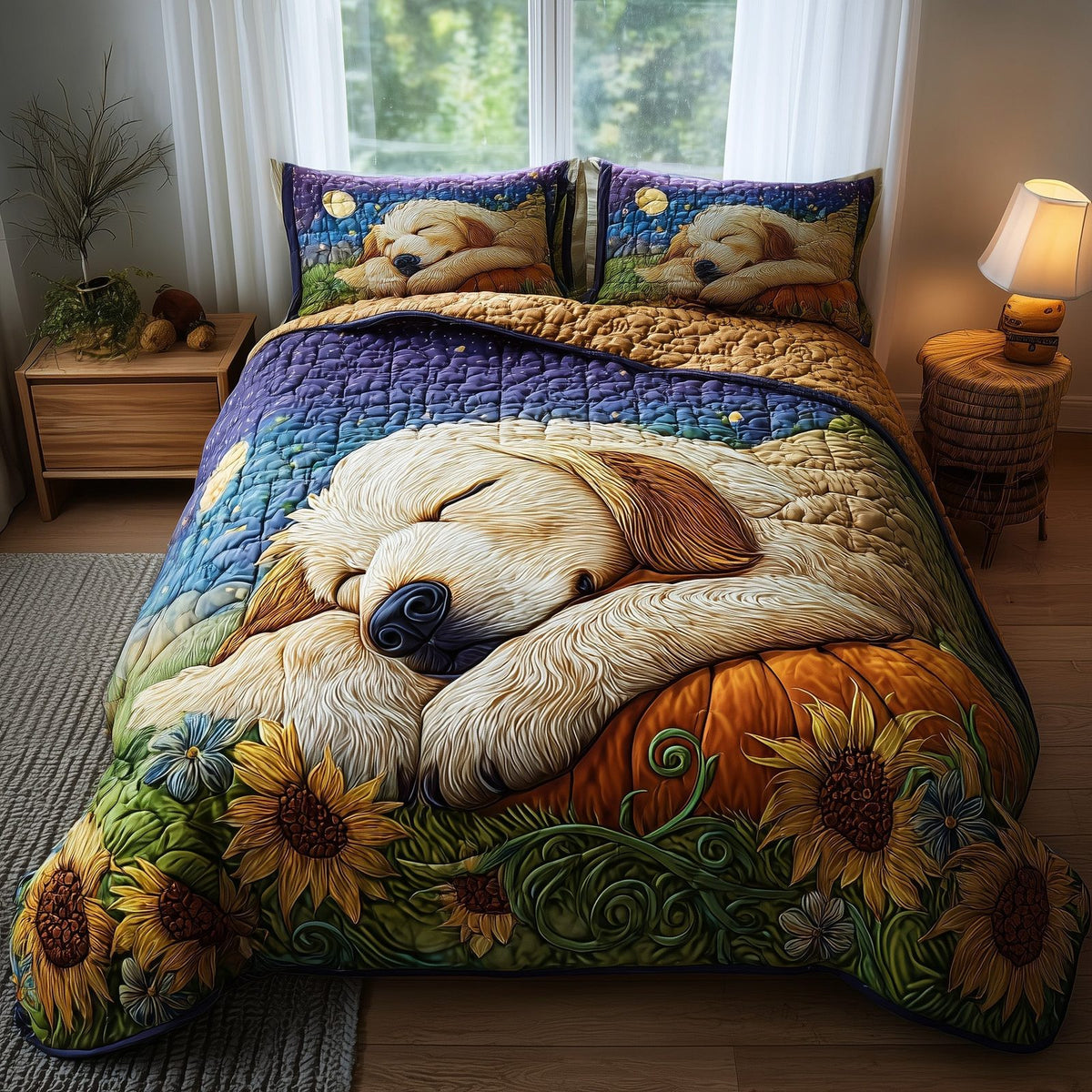 Golden Harvest Retriever quilted 3-piece bedding set on a made bed with two matching pillow shams