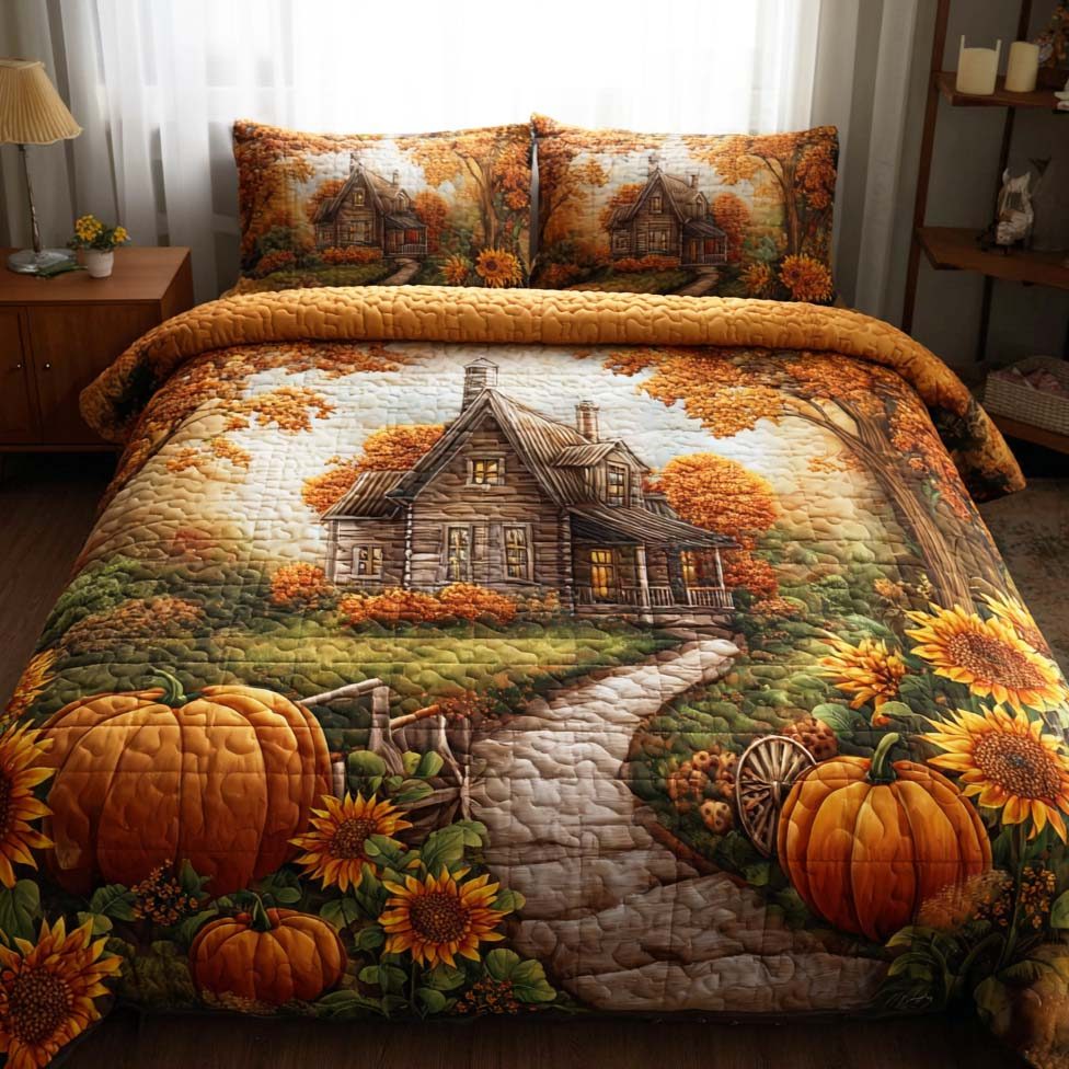 Golden Harvest Winds quilted 3-piece bedding set on a made bed with two matching pillow shams