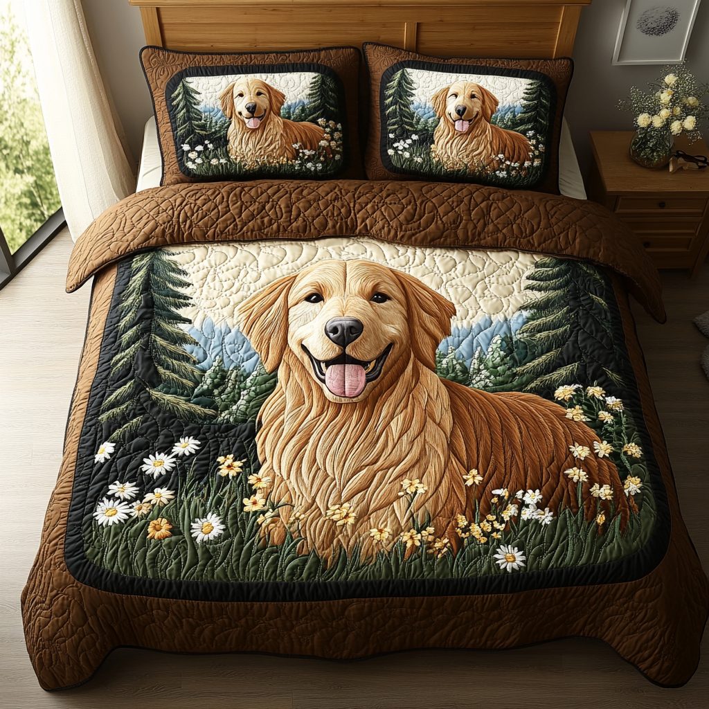 Golden Hearts quilted 3-piece bedding set on a made bed with two matching pillow shams
