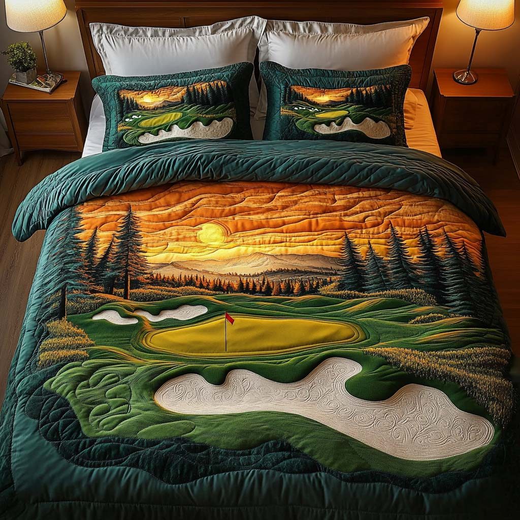 Golden Hills Golf Course quilted 3-piece bedding set on a made bed with two matching pillow shams