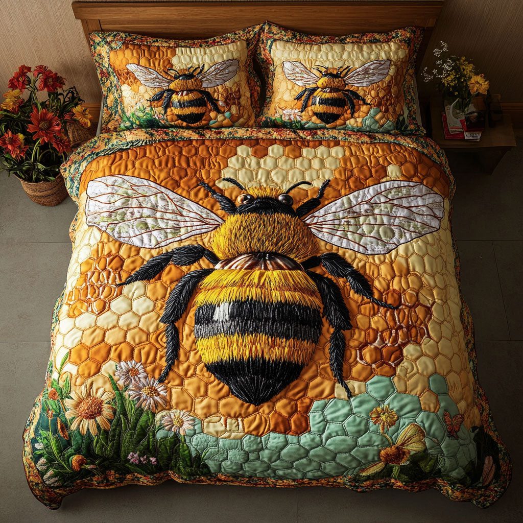 Golden Hive quilted 3-piece bedding set on a made bed with two matching pillow shams