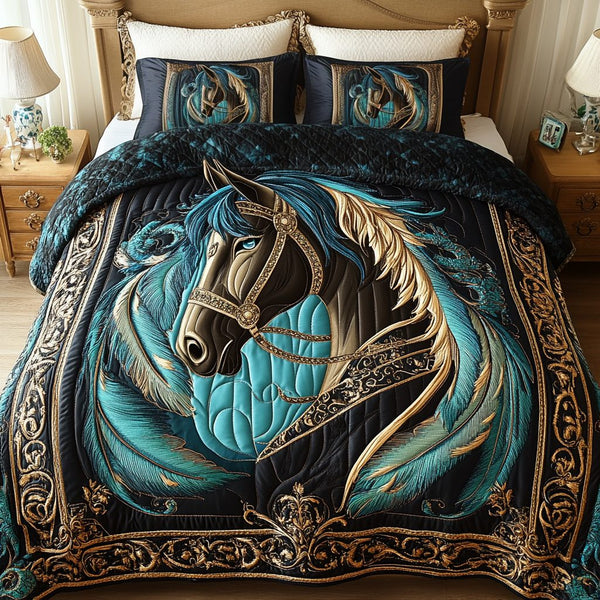 Golden Hoof quilted 3-piece bedding set on a made bed with two matching pillow shams