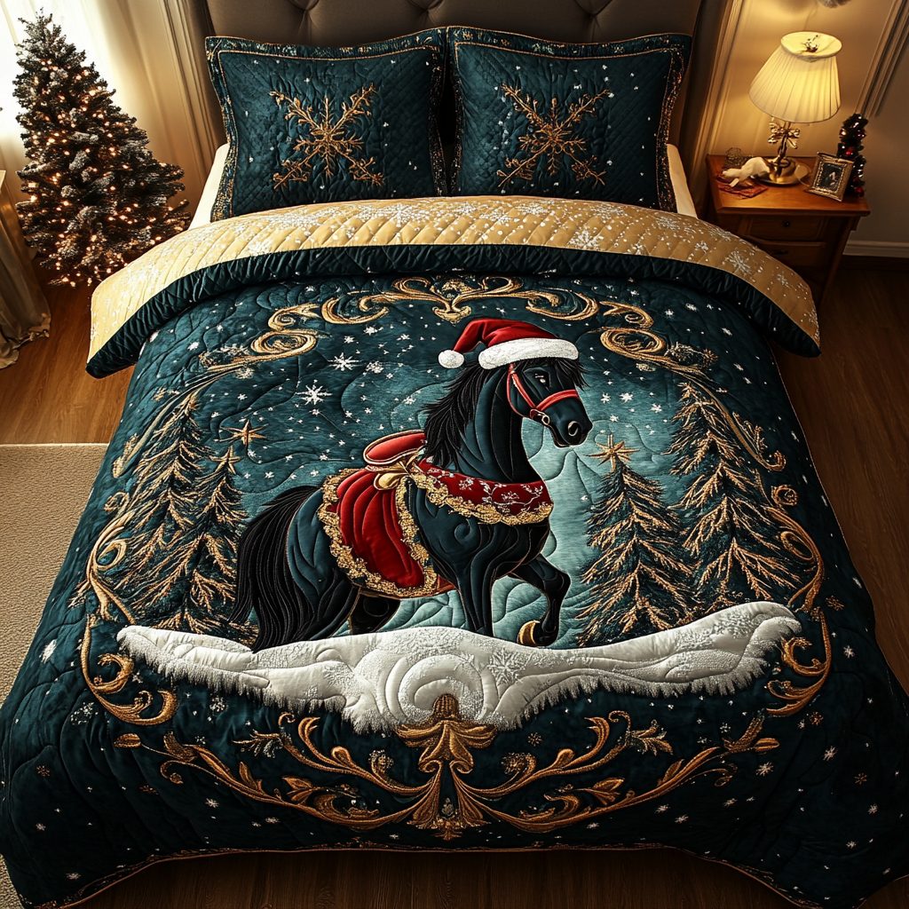 Golden Hooves quilted 3-piece bedding set on a made bed with two matching pillow shams