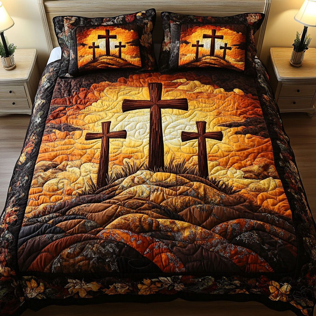 Golden Horizon Crosses quilted 3-piece bedding set on a made bed in a softly lit bedroom