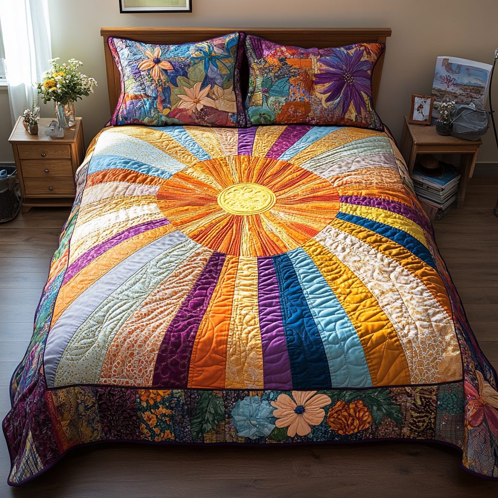 Golden Horizon quilted 3-piece bedding set on a made bed with two matching pillow shams