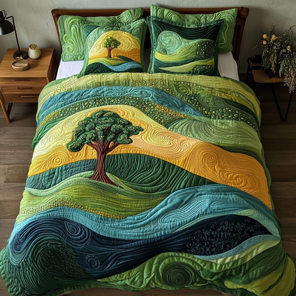 Golden Horizon quilted 3-piece bedding set on a made bed with two matching pillow shams