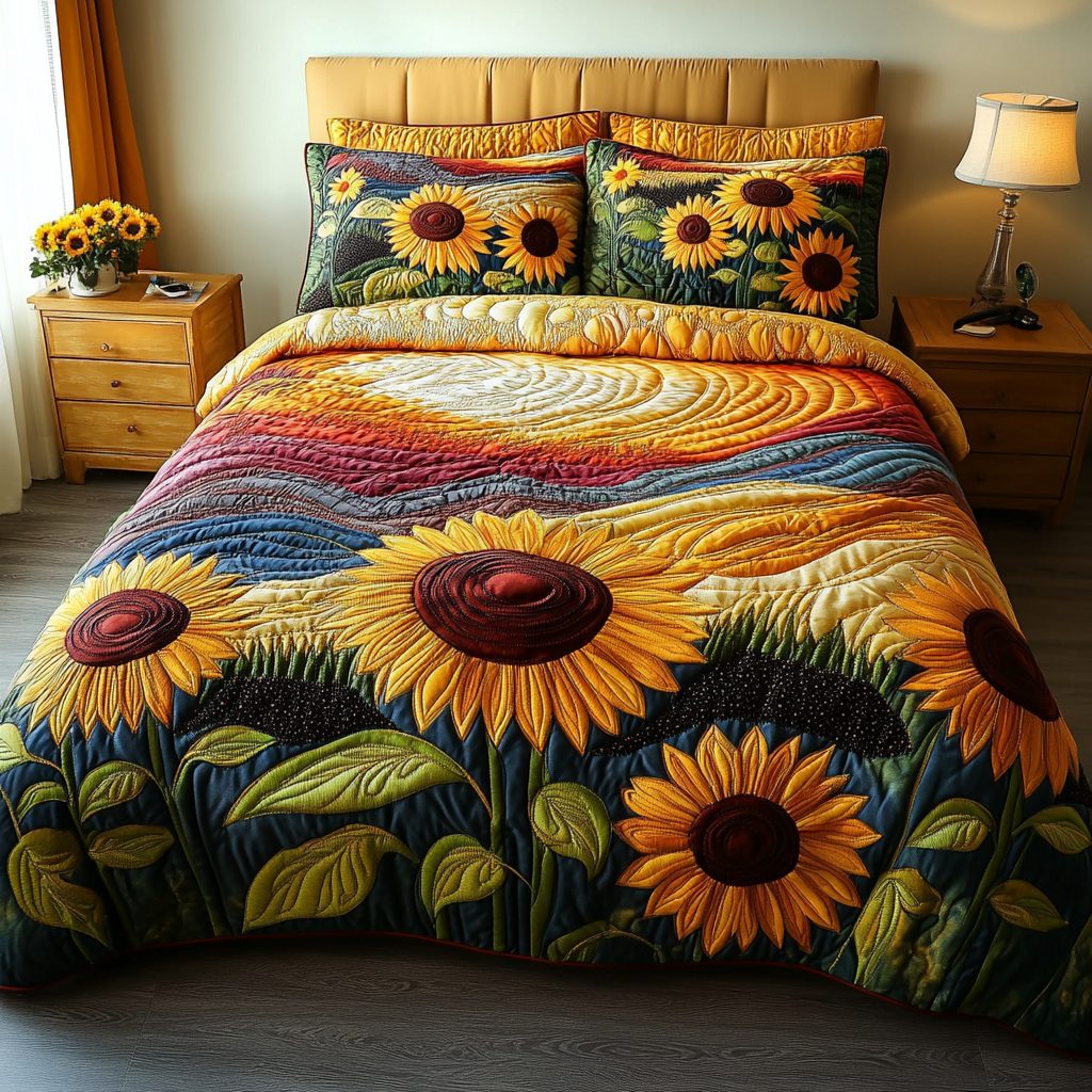 Golden Horizon quilted 3-piece bedding set on a made bed with two matching pillow shams