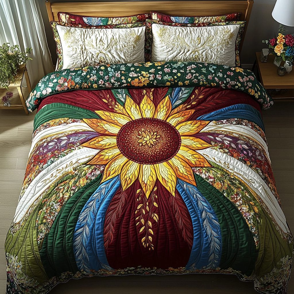 Golden Horizon quilted 3-piece bedding set on a made bed with two matching pillow shams