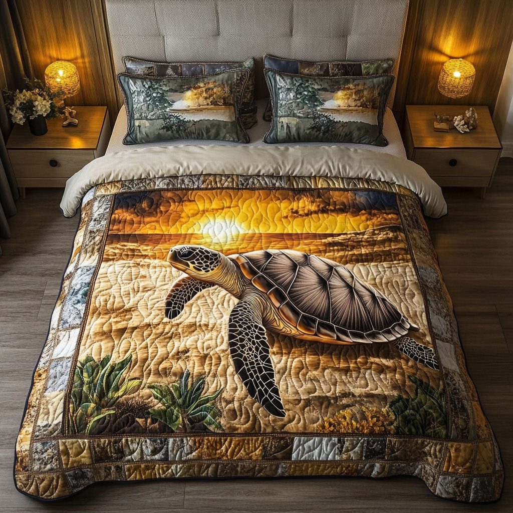 Golden Horizon quilted 3-piece bedding set on a made bed with two matching pillow shams