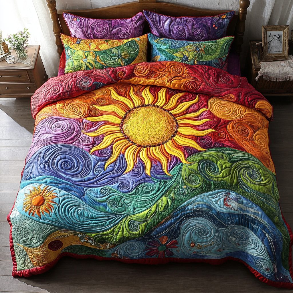 Golden Horizon quilted 3-piece bedding set on a made bed with two matching pillow shams