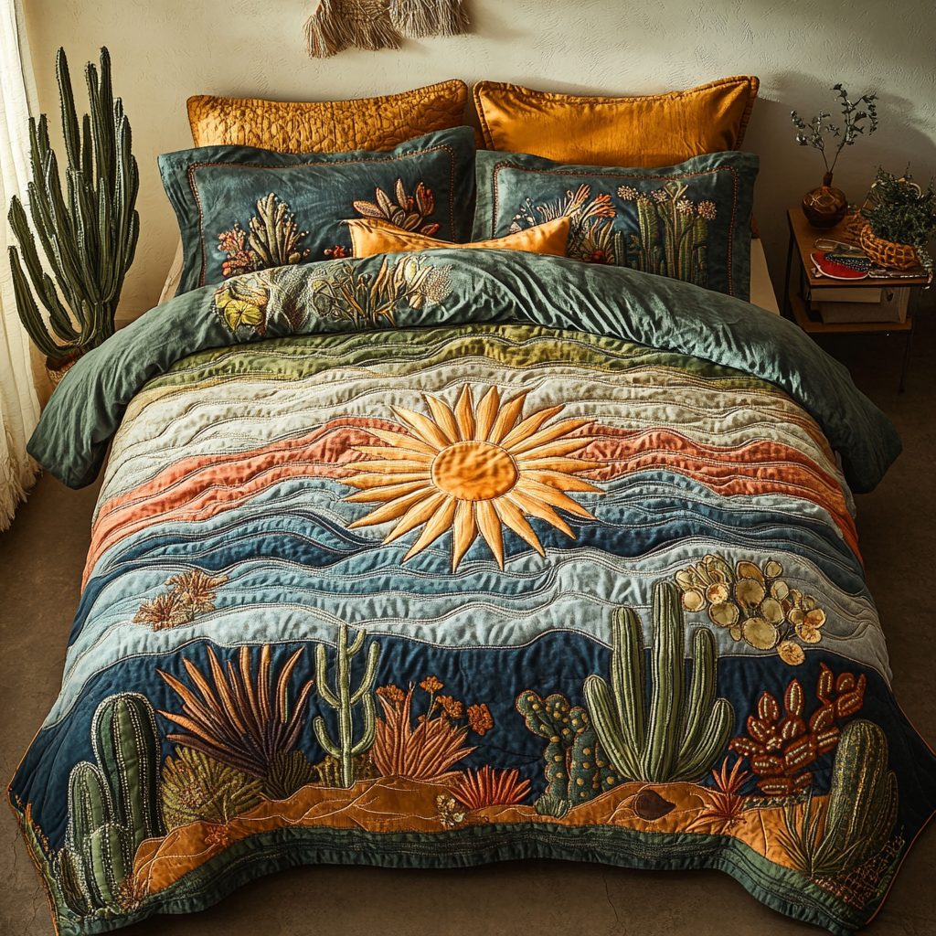 Golden Horizon quilted 3-piece bedding set on a made bed with two matching pillow shams
