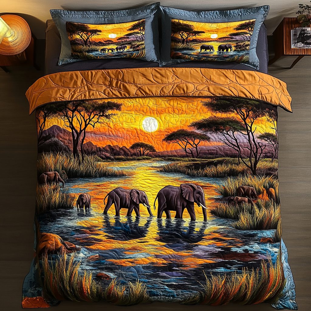 Golden Horizon quilted 3-piece bedding set on a made bed with two matching pillow shams