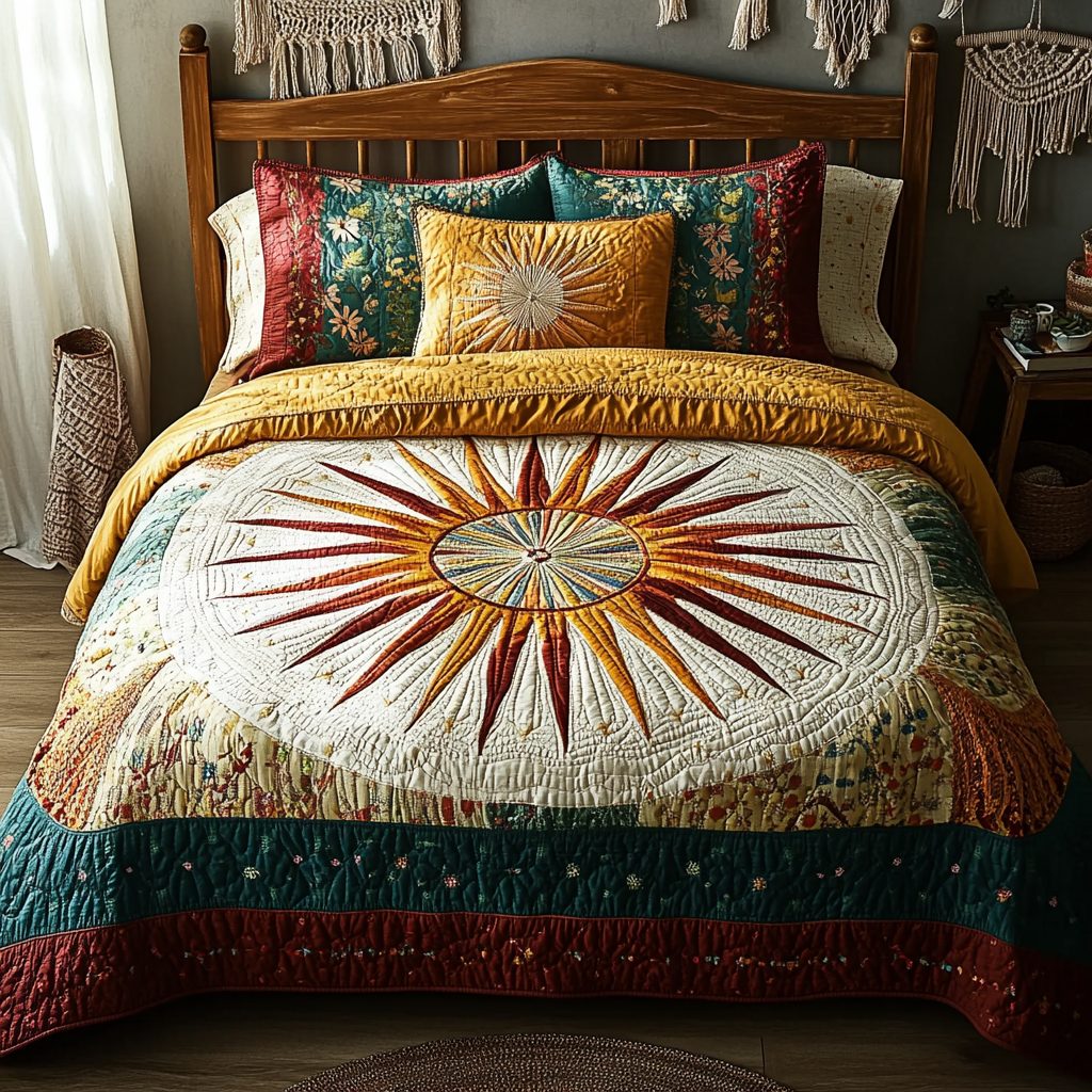 Golden Horizon quilted 3-piece bedding set on a made bed with two matching pillow shams