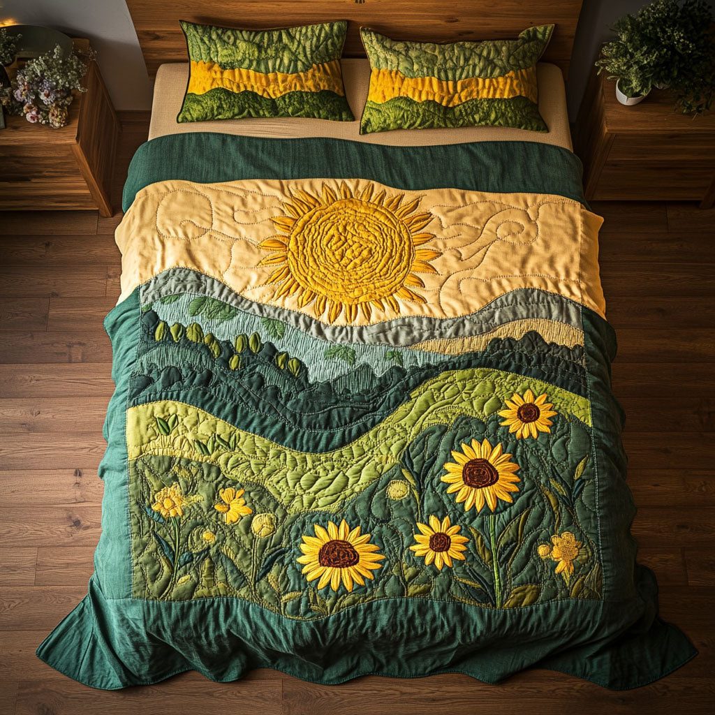 Golden Horizon View quilted 3-piece bedding set on a made bed with two matching pillow shams