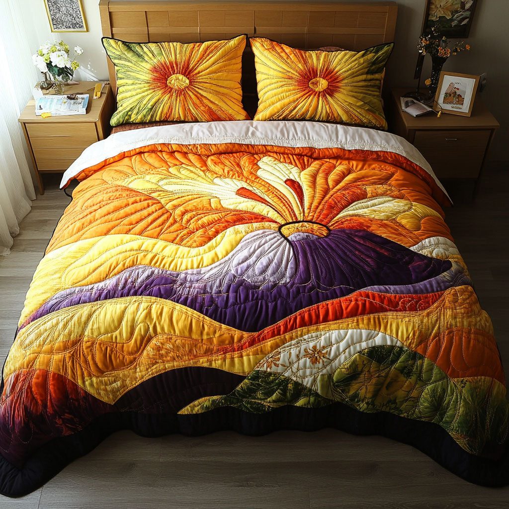 Golden Horizons quilted 3-piece bedding set on a made bed with two matching pillow shams