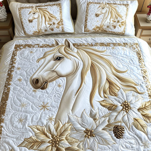 Golden Horse Charm quilted 3-piece bedding set on a made bed in a rustic timber bedroom