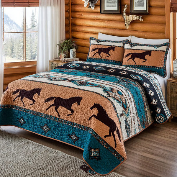 Golden Horse quilted 3-piece bedding set on a made bed in a rustic timber bedroom