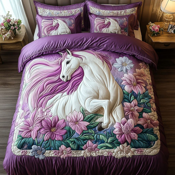 Golden Horse quilted 3-piece bedding set on a made bed in a rustic timber bedroom