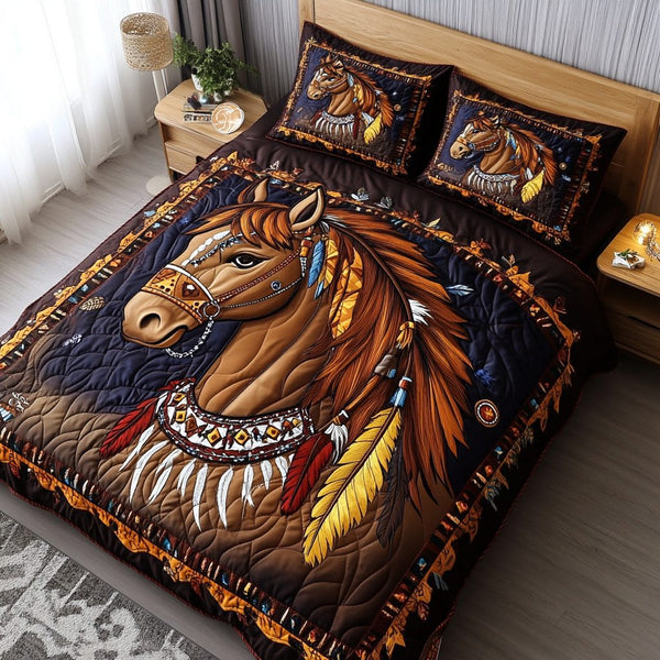 Golden Horse quilted 3-piece bedding set on a made bed in a rustic timber bedroom