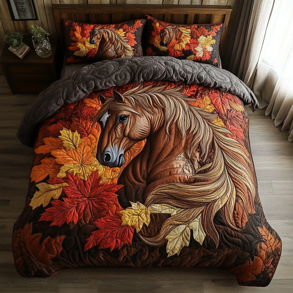 Golden Horse quilted 3-piece bedding set on a made bed in a rustic timber bedroom