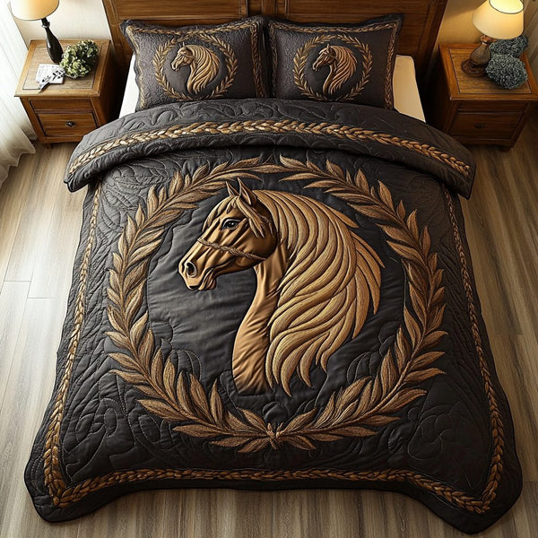 Golden Horse quilted 3-piece bedding set on a made bed in a rustic timber bedroom
