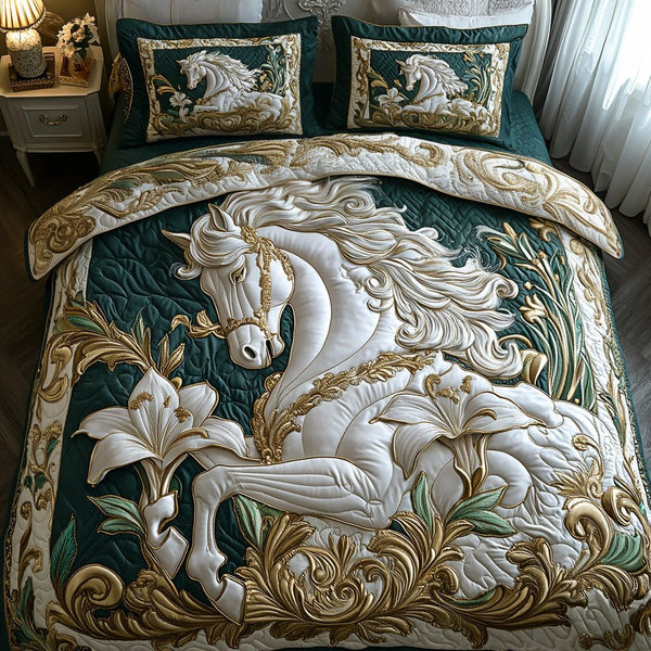 Golden Horse quilted 3-piece bedding set on a made bed in a rustic timber bedroom