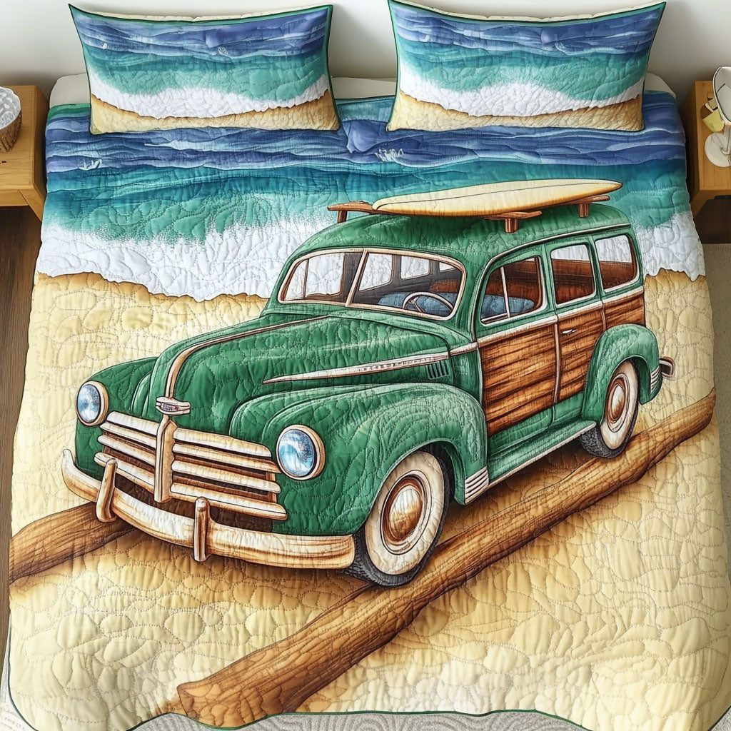 Golden Hour Ride quilted 3-piece bedding set on a made bed with two matching pillow shams