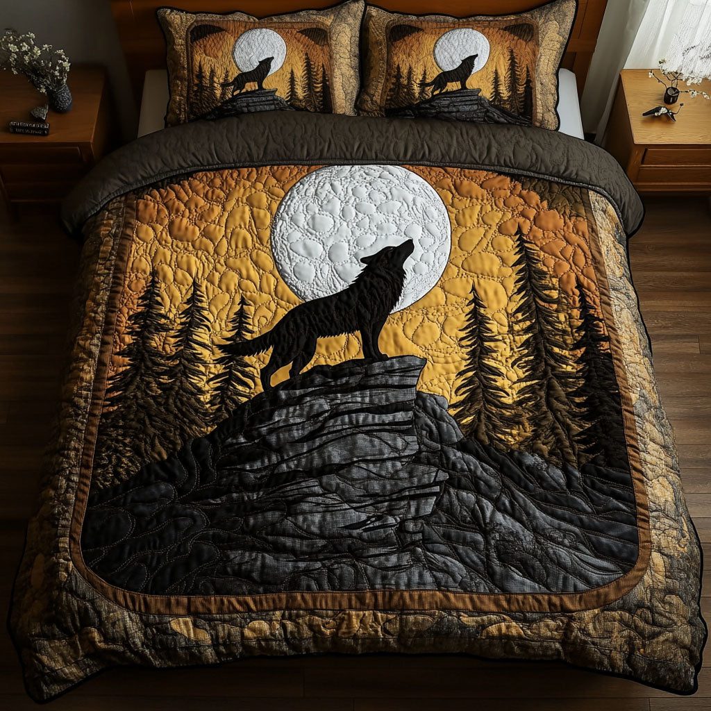 Golden Howl quilted 3-piece bedding set on a made bed with two matching pillow shams