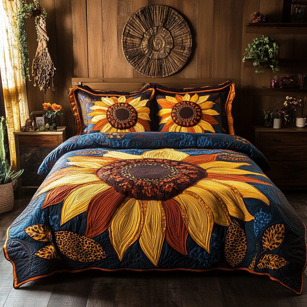 Golden Joy quilted 3-piece bedding set on a made bed with two matching pillow shams