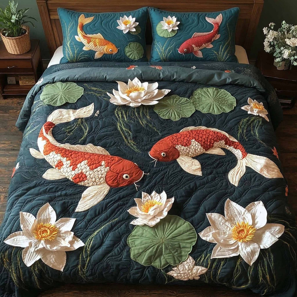 Golden Koi quilted 3-piece bedding set on a made bed with two matching pillow shams