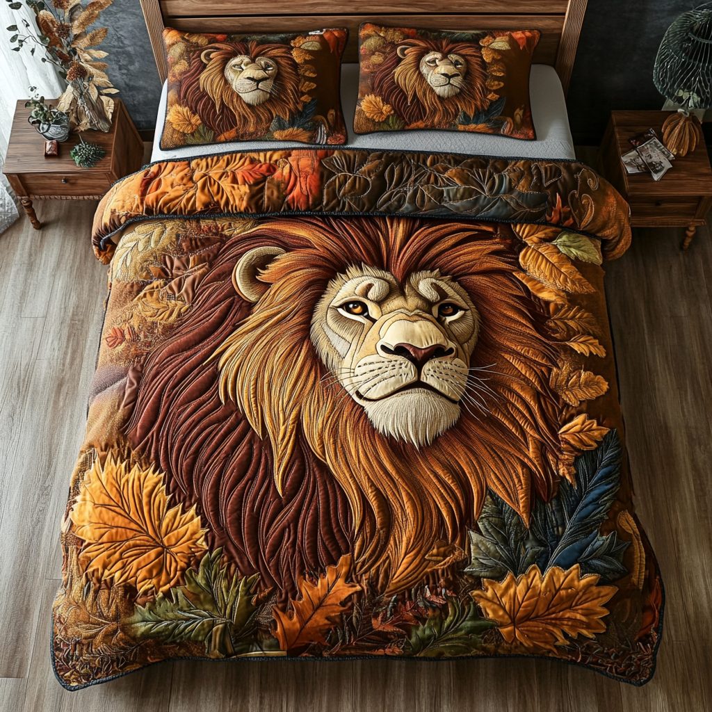 Golden Lion quilted 3-piece bedding set on a made bed with two matching pillow shams