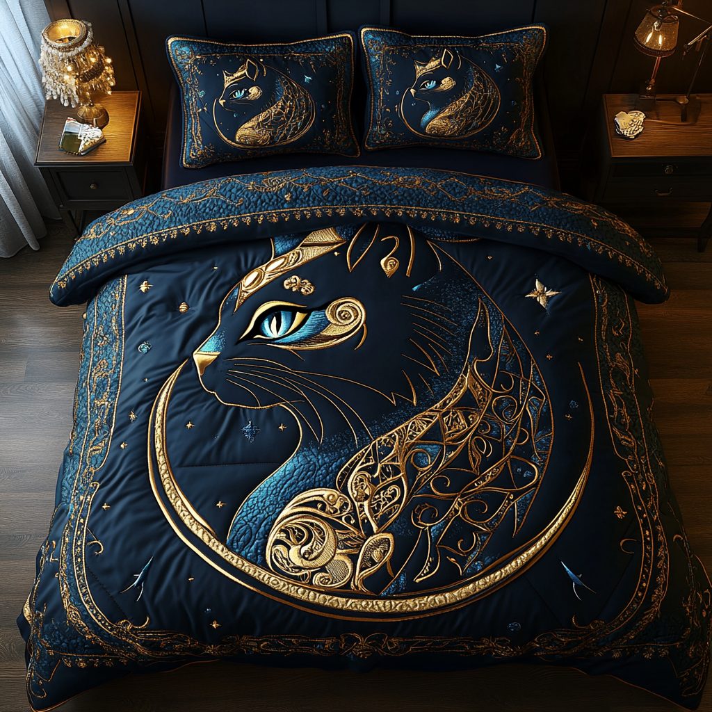 Golden Majesty quilted 3-piece bedding set on a made bed with two matching pillow shams