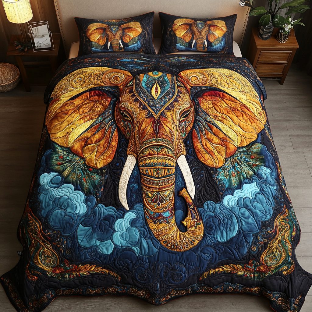 Golden Majesty quilted 3-piece bedding set on a made bed with two matching pillow shams