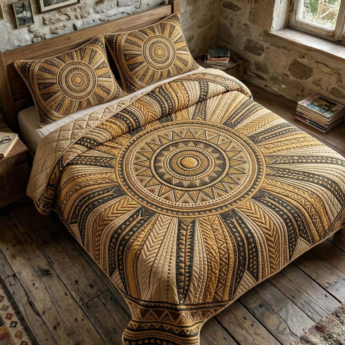 Golden Mandala quilted 3-piece bedding set on a made bed with two matching pillow shams