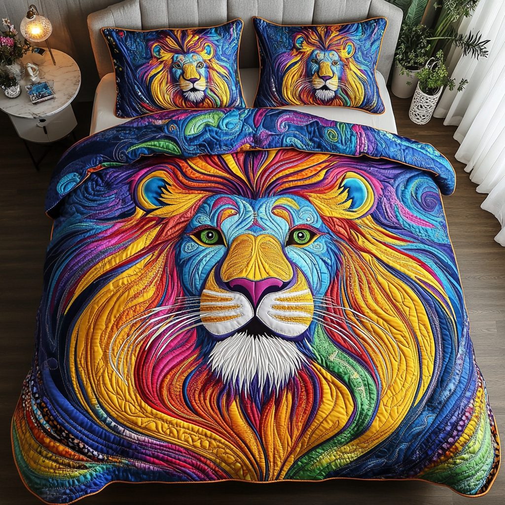 Golden Mane quilted 3-piece bedding set on a made bed with two matching pillow shams